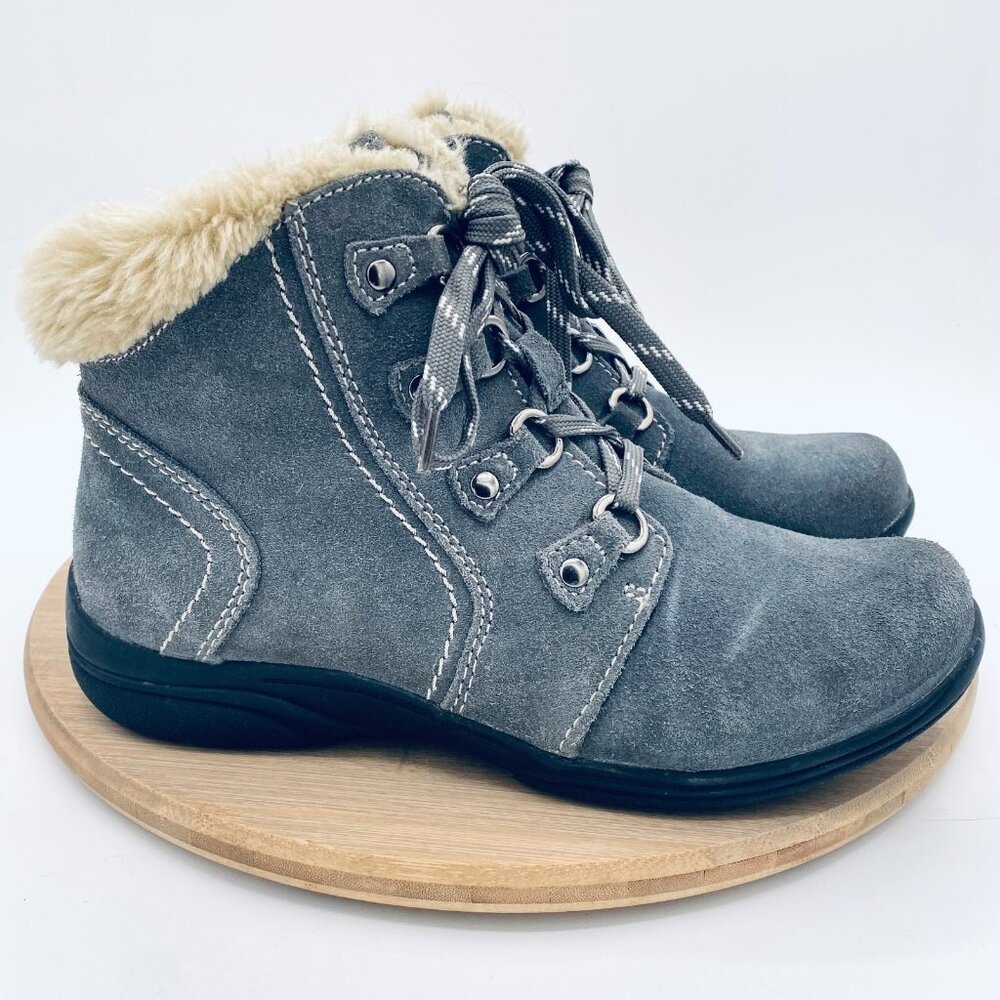 Earth Boots Womens 8.5 W Gray Suede Ankle Zip Outdoor Hiking Fur Trim Boho